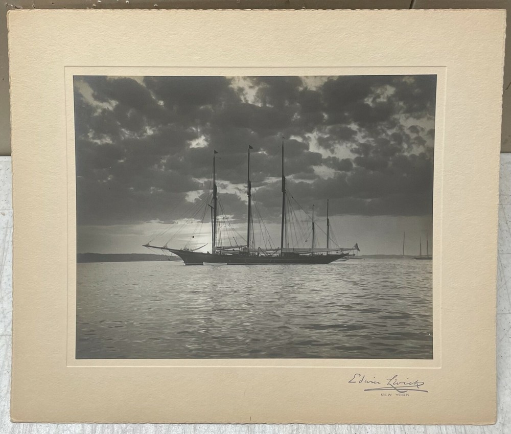 Original EDWIN LEVICK ‘3 Masted Sailboat at Sunset’ Gelatin Silver Photograph