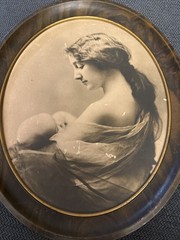 Antique Sepia Mother & Child Photogravure in Oval Frame, Art Nouveau c.1910