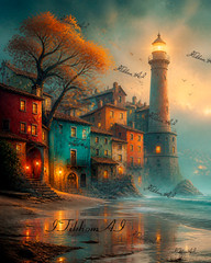 Digital Art Landscape Houses Tree Sunset Sea Lighthouse Background Wallpaper