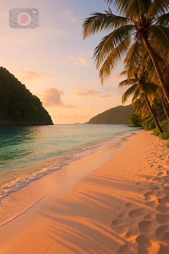 Digital Photo Art Wallpaper, Tropical Beach Sunset with Palm Trees and Ocean Wav