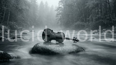 Violin on Rock in Misty River Digital Download Printable Wall Art Moody Music