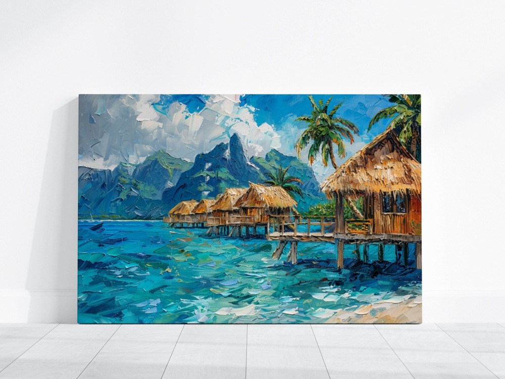 Beach Paradise Wall Art, Tropical Overwater Bungalows Painting, Coastal Seascape