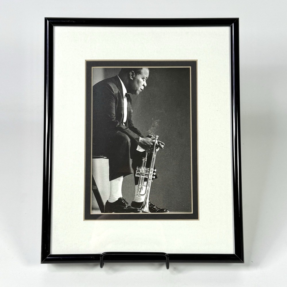Vintage Louis Armstrong Jazz Trumpet Framed B&W Photo Print 8×10 Gloaguen 1990s