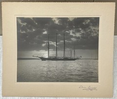 Original EDWIN LEVICK ‘3 Masted Sailboat at Sunset’ Gelatin Silver Photograph