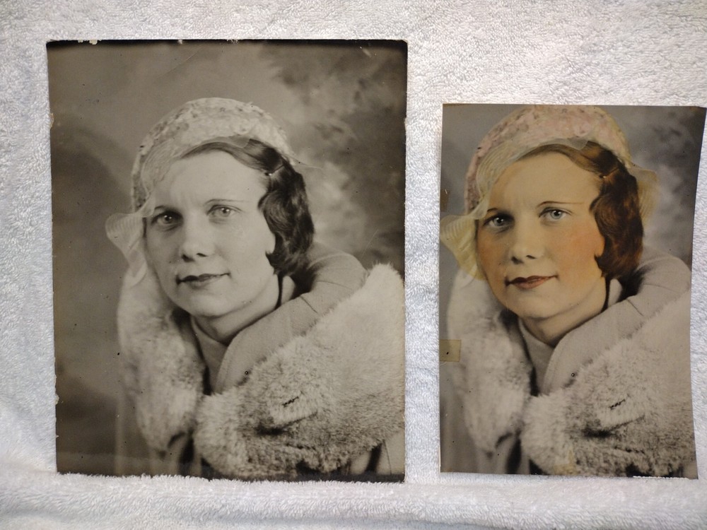 Set Of 2 Vtg Tinted/Cooked Photos Exactly Same Lady & Pose. 8″x 10″ & 8″x 6″