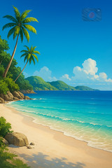 Digital Photo Art Wallpaper, Palm Trees on Tropical Beach with Turquoise Sea