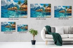 Beach Paradise Wall Art, Tropical Overwater Bungalows Painting, Coastal Seascape