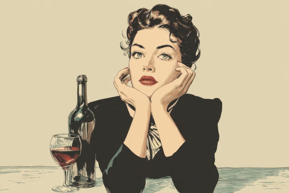 Vintage Woman Pop Art, Red Lipstick Cartoon Girl Poster, Bottle of Wine Lover