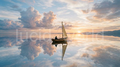 Dreamy Ocean Reflection Digital Image Man in Boat Art Surrealism Wall Decor File