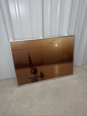 3 Ocean Boat Sunset Sepia Scene 28.25”X 20.25” Silver Metal Framed Portrait