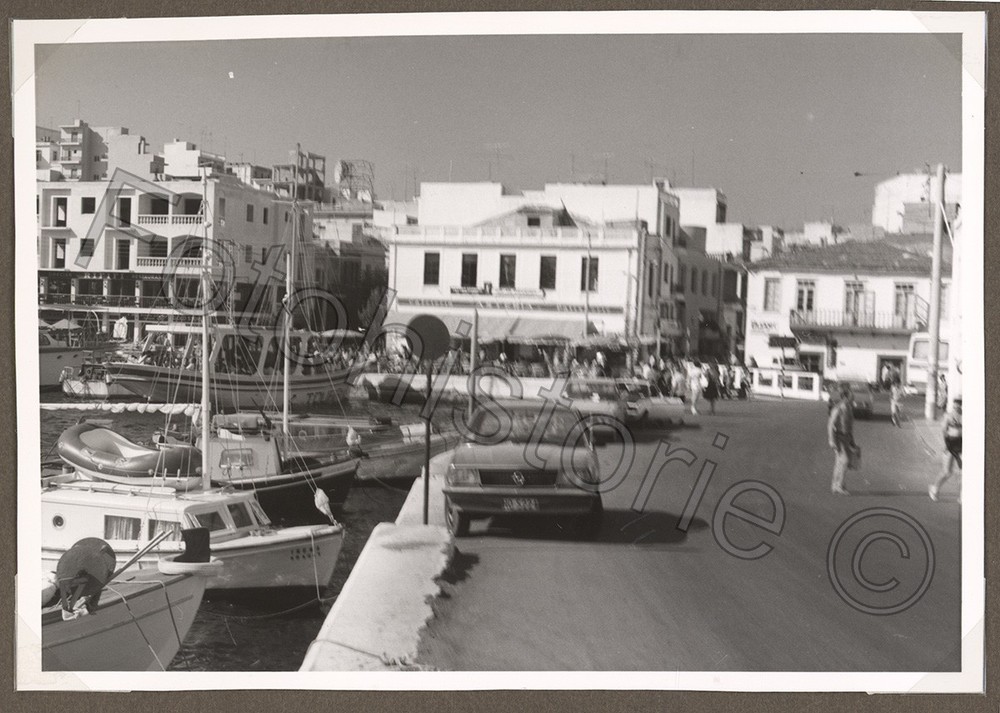Photo Greece Agios Nikolaos Crete Port Boats Cars Waterfront 1960s