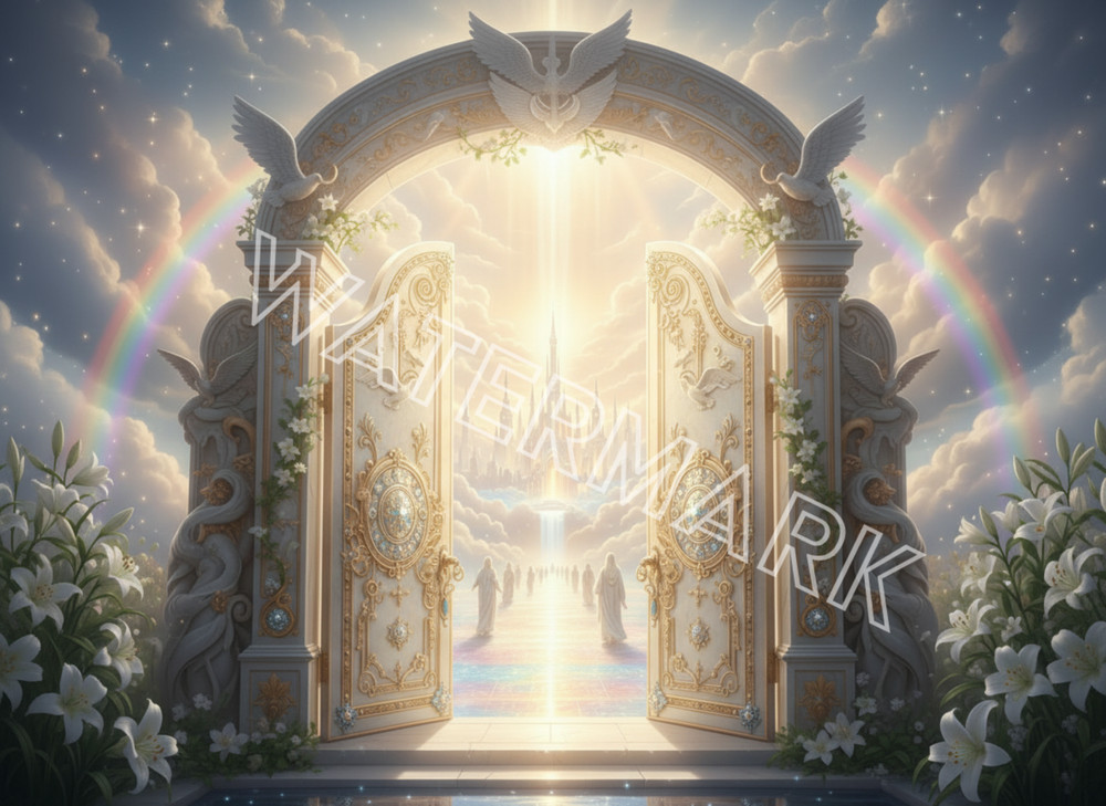 Heavens Gate Inspir. Digital Download Wall Art with a Rainbow and Peace Lilies