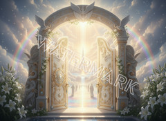 Heavens Gate Inspir. Digital Download Wall Art with a Rainbow and Peace Lilies