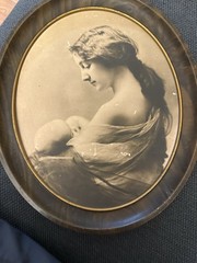 Antique Sepia Mother & Child Photogravure in Oval Frame, Art Nouveau c.1910