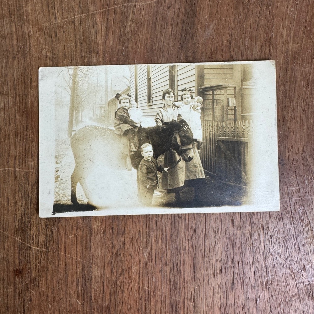 Antique Photograph Snapshot of Woman Children and Donkey Cairo Illinois