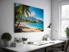 Tropical Beach Painting, Beach Paradise Art Palm Trees Mountain Landscape Island