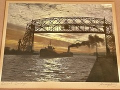 M.J. Humphrey Signed Hand Colored Photo Duluth Aerial Lift Bridge Ship MN 16×14