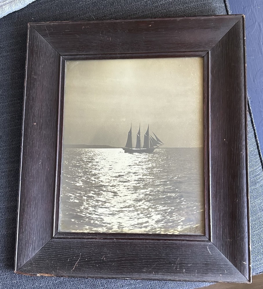Vintage Photo Sailboat Ocean Signed Dated Old Wide Wood Frame