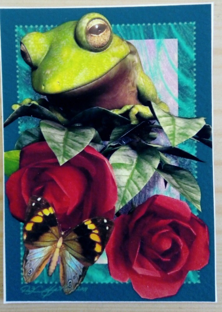 © ART – Ltd.Ed. Green Tree Frog and red roses – ACEO collector card by Di