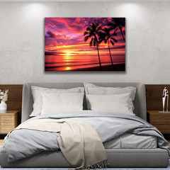 Hawaiian Sunset Wall Art, Tropical Palm Tree Beach Print, Pink Orange Skies Vibe