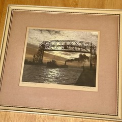 M.J. Humphrey Signed Hand Colored Photo Duluth Aerial Lift Bridge Ship MN 16×14