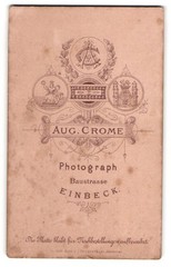 Photograph Aug. Crome, Einbeck, Baustr., monogram of the photographer and coat of arms of