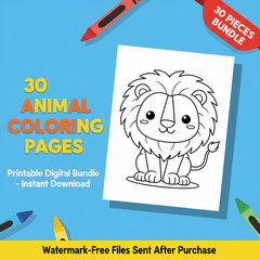 30 Kids Animal Coloring Pages Printable Bundle | Digital Download | Cute Zoo