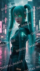 Cyberpunk Hatsune Miku Digital Art – Neon Futuristic Sci-Fi Cityscape Print