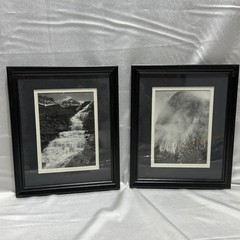Vintage Framed Black White Landscape Prints Set 2 Waterfall Mountain Art
