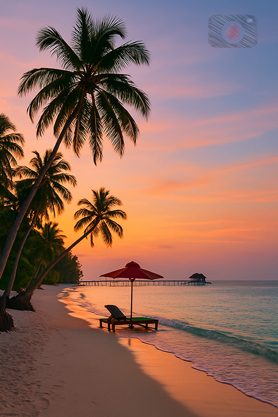 Digital Photo Art Wallpaper, Tropical Palm Trees on Beach with Sunset Sky