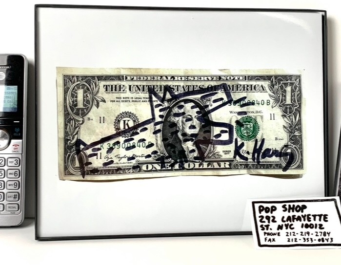 KEITH HARING – Signed Dollar Bill – Repro BARKING DOG Photo POP SHOP Biz Card