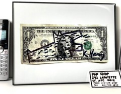 KEITH HARING – Signed Dollar Bill – Repro BARKING DOG Photo POP SHOP Biz Card