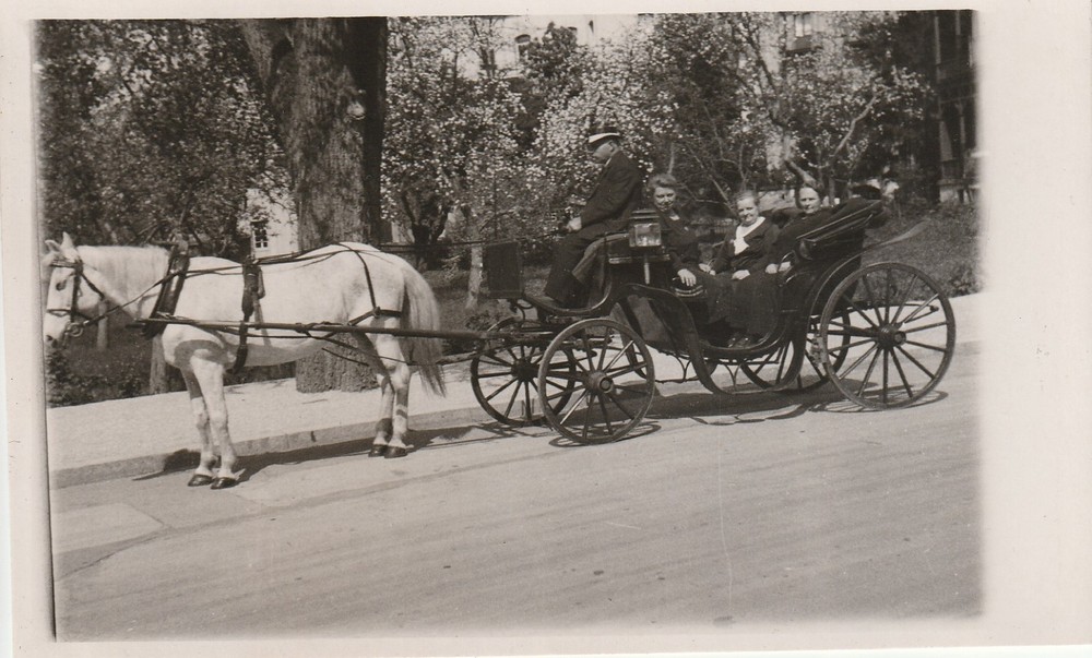Photo postcard people in horse-drawn carriage with carriage and coachman 1934 snapshot