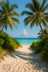 Digital Photo Art Wallpaper, Sandy Pathway to Tropical Beach with Palm Trees