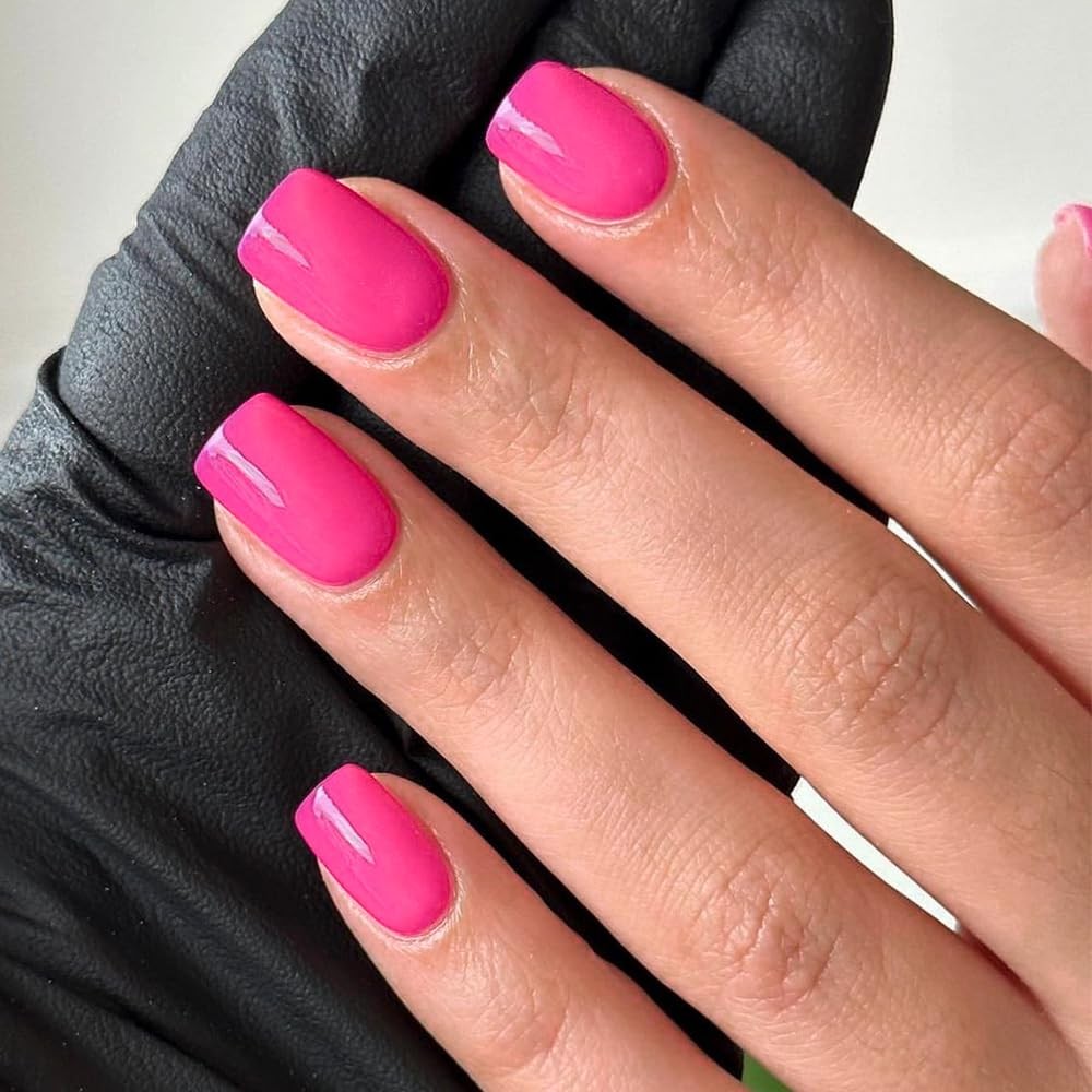 Press on Nails Short, Squoval Light Deep Neon Pink Solid Glossy Fake Nails…