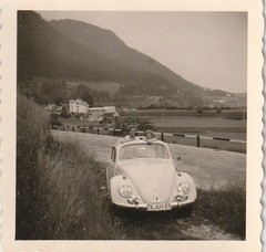 Vintage Photo Mother with Child in 1950s VW Beetle Car Vintage Passenger Car