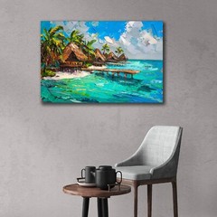 Bora Bora Oil Painting, Bora Bora Beach Landscape, Palm Trees Tiki Hut Wall Art